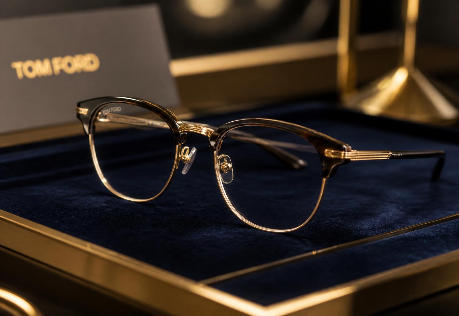 Premium eyeglasses displayed on navy velvet